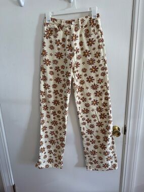 Cream Floral Straight-Leg Jeans